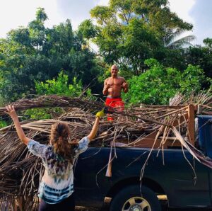 Guy in a truck with loads of dead leaves for mulch and soil